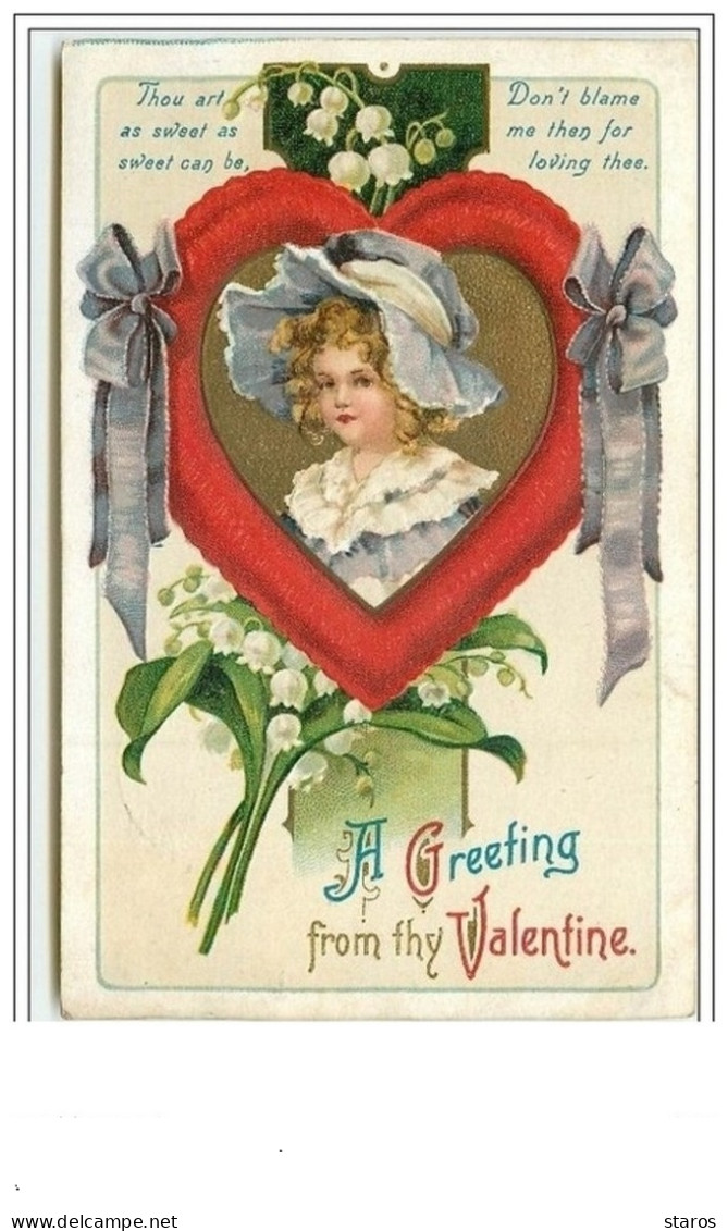 Carte Gaufrée - A Greeting From Thy Valentine - Portrait D'une Jeune Femme Dans Un Coeur - San Valentino