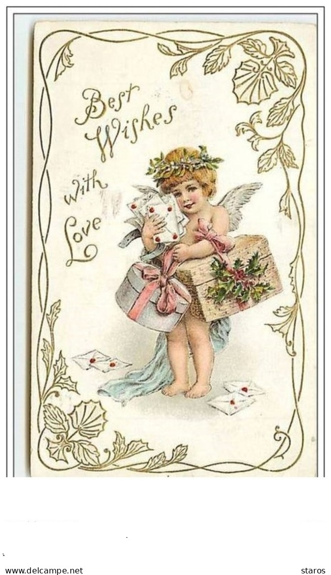 Carte Gaufrée - Best Wishes With Love - Angelot Apportant Des Lettres Et Des Cadeaux - Dia De Los Amorados