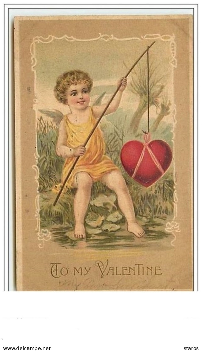 Carte Gaufrée - To My Valentine - Angelot Pêchant Un Coeur - Saint-Valentin