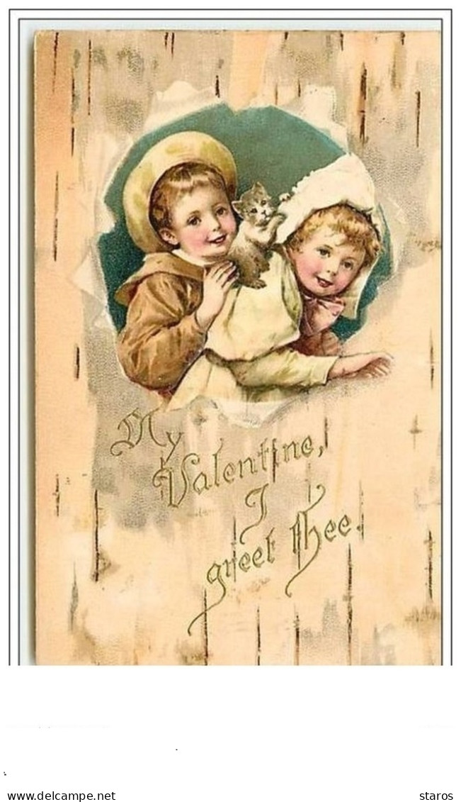 Carte Gaufrée - My Valentine I Greet Thee - Enfants Et Chaton - Chat - Valentijnsdag