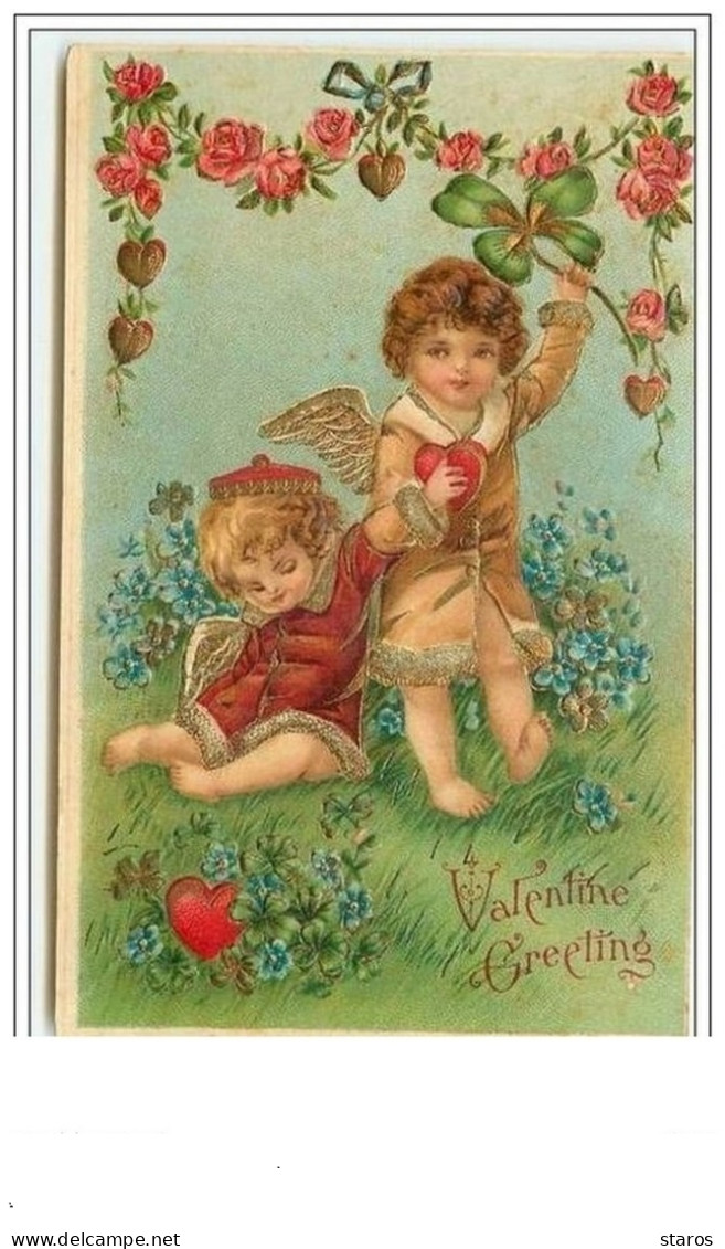 Carte Gaufrée - Valentine Greeting - Angelots Habillés Cueillant Des Coeurs - Saint-Valentin