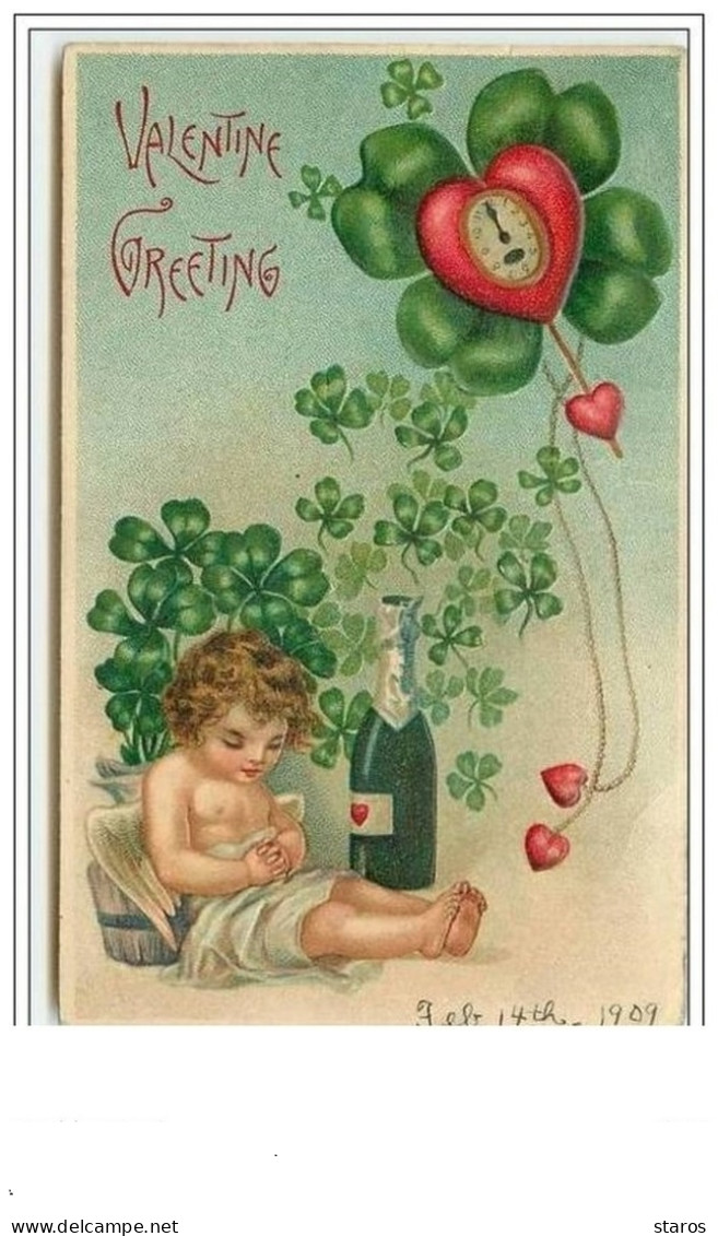 Carte Gaufrée - Valentine Greeting - Angelot Dormant Près D'une Bouteille De Champagne - Valentijnsdag