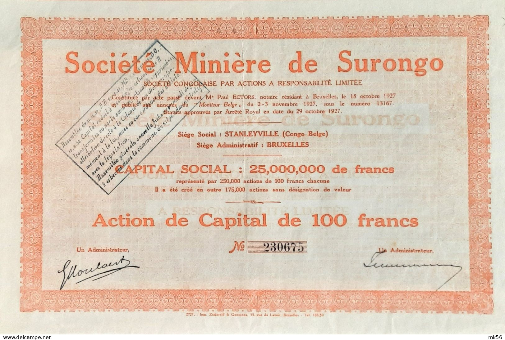 Société Minière De Surongo - Stanleyville - Action De Capital De 100 Francs - 1927 - Afrique