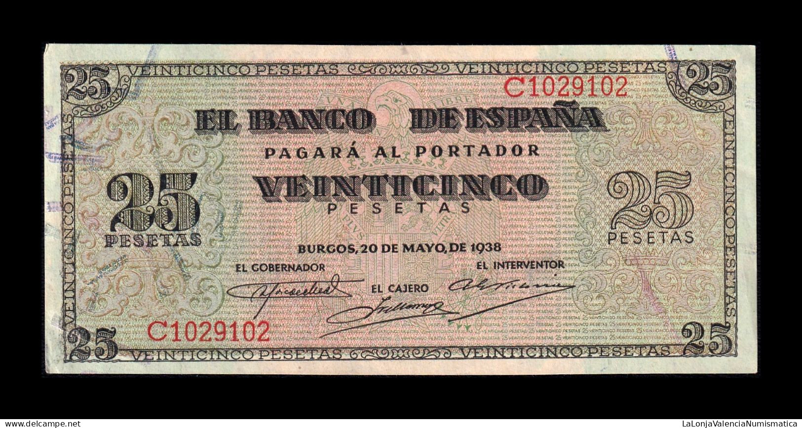 España Spain 25 Pesetas Burgos 1938 Pick 111 Serie C Sc- AUnc - 25 Peseten