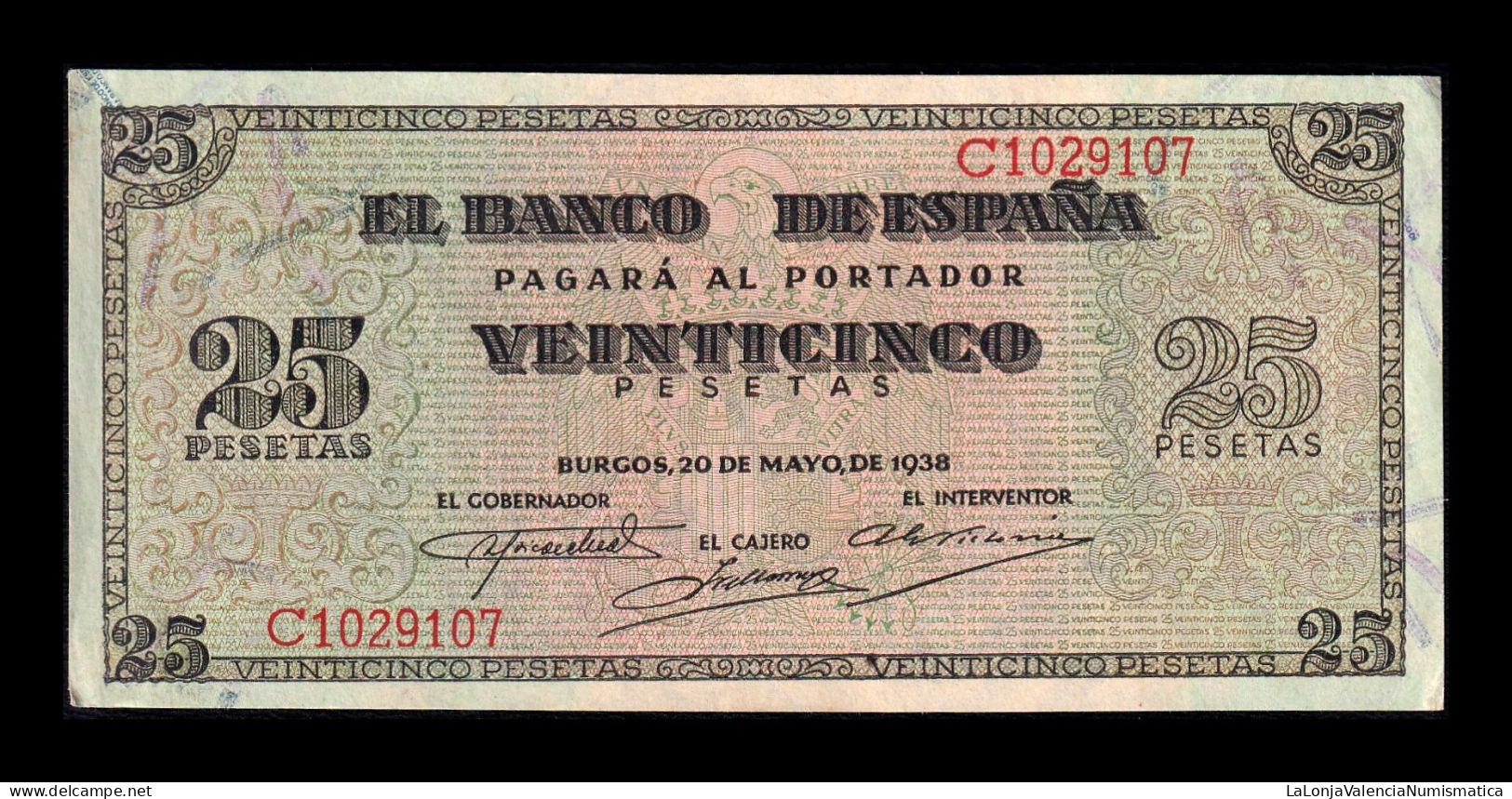 España Spain 25 Pesetas Burgos 1938 Pick 111 Serie C Sc- AUnc - 25 Peseten