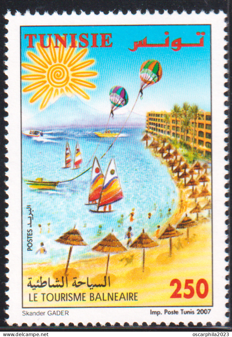 2007-Tunisie/Y&T1596- Journée Nationale Du Tourisme, Plage, Véliplanchistes, Hord-bord, 1V-MNH***** - Sonstige & Ohne Zuordnung