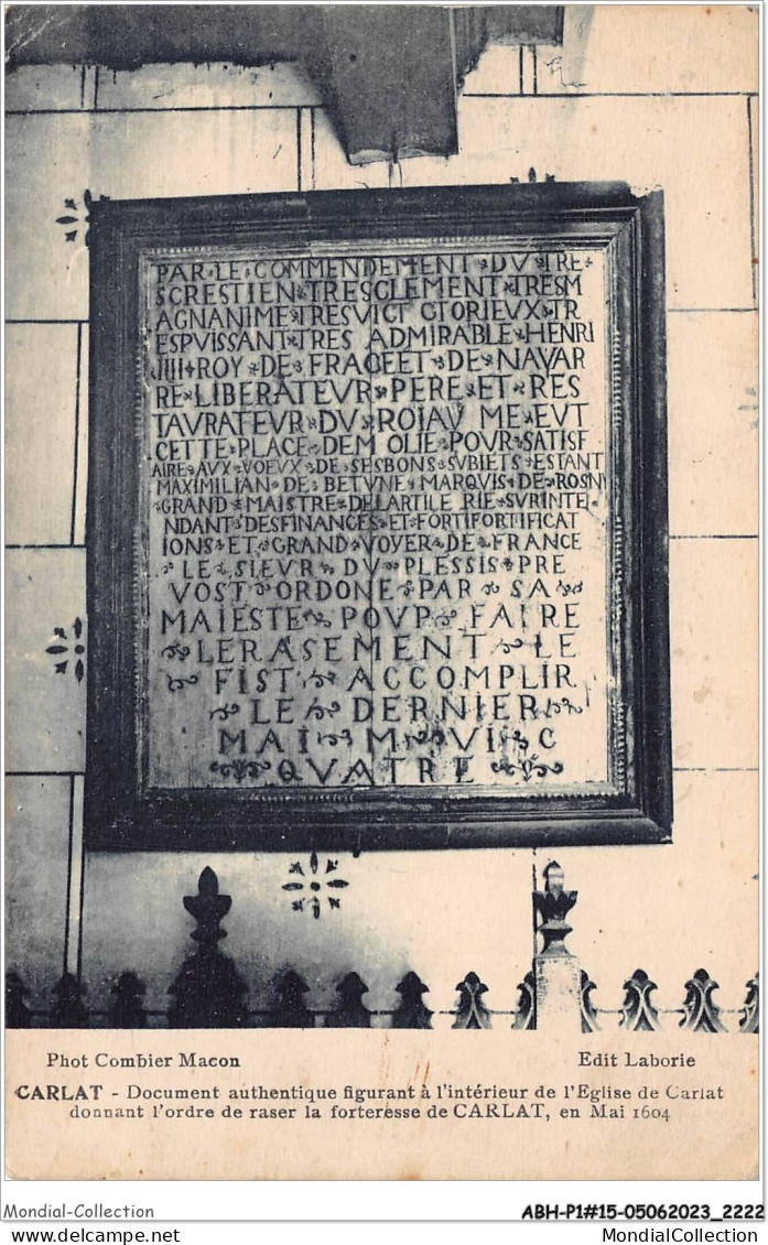 ABHP1-15-0025 - CARLAT - Document Authentique Figurant à L'Intérieur De L'Eglise De CARLAT - Carlat