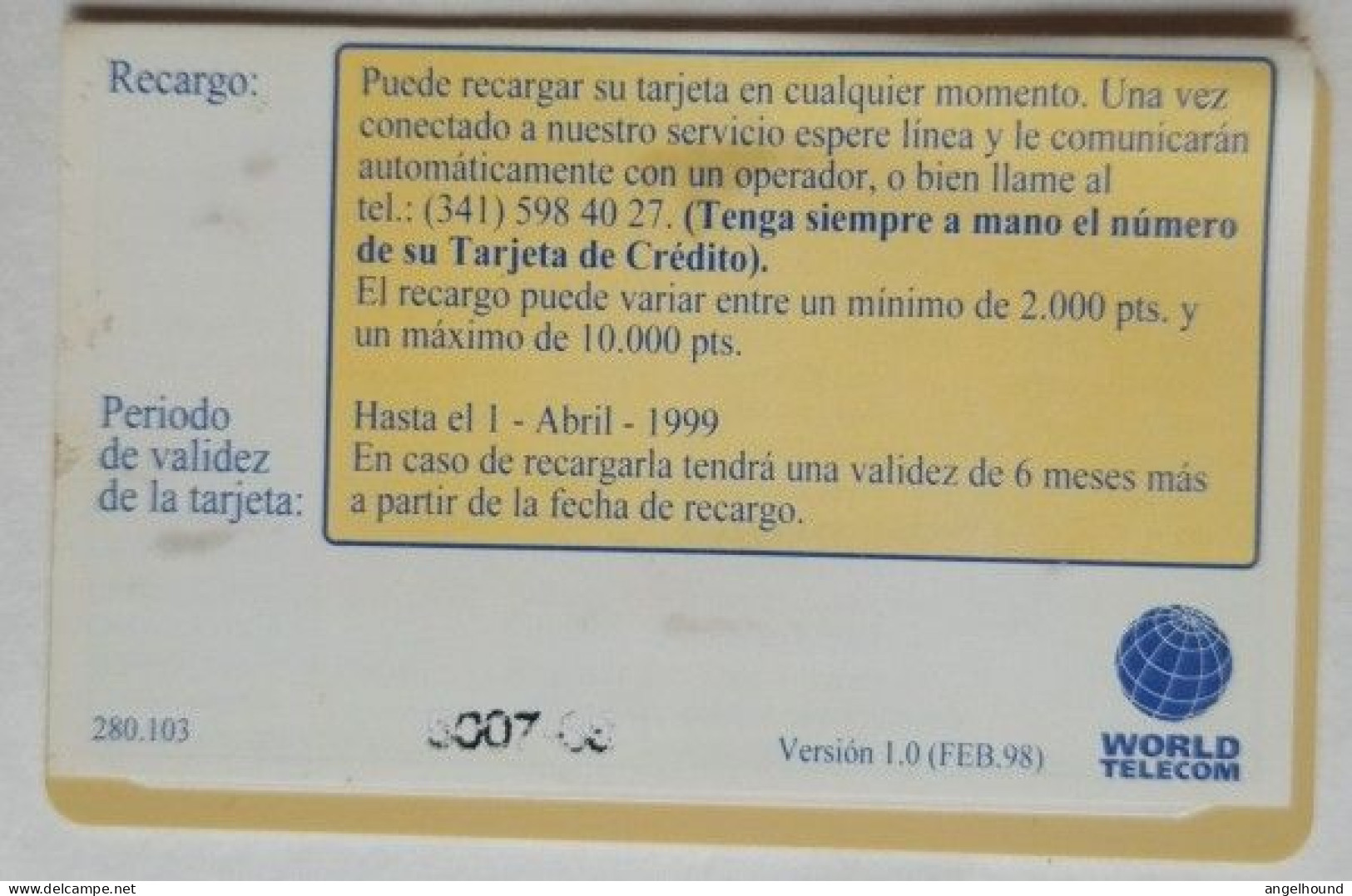 Spain World Telecom 5000 Pta. Prepaid - Travel Access Card ( Old Maps ) - Emissions Basiques