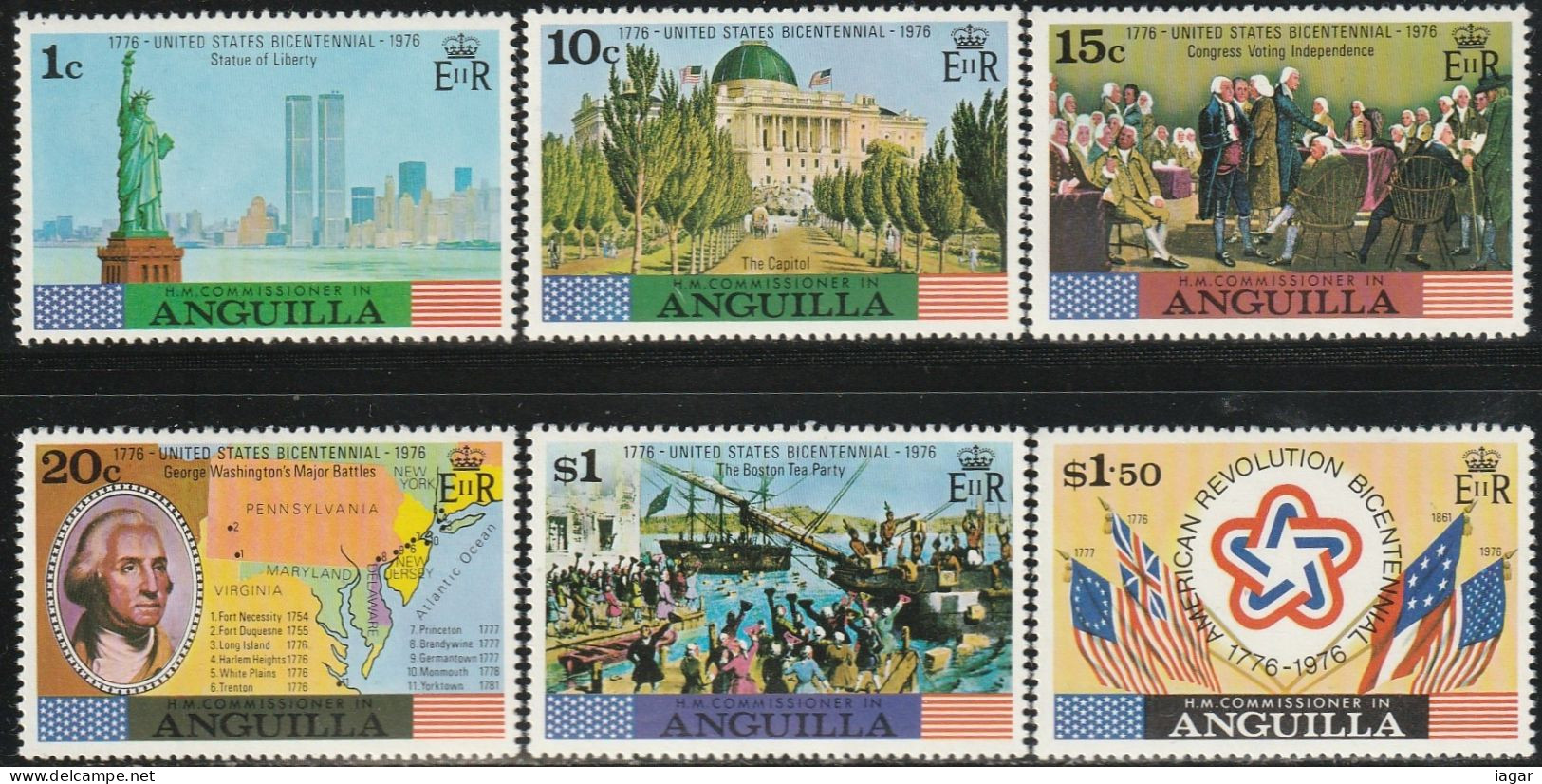 THEMATIC HISTORY:  BICENTENARY OF AMERICAN REVOLUTION. STATUE OF LIBERTY, HISTORICAL SITES AND EMBLEMS   -  ANGUILLA - Independecia USA