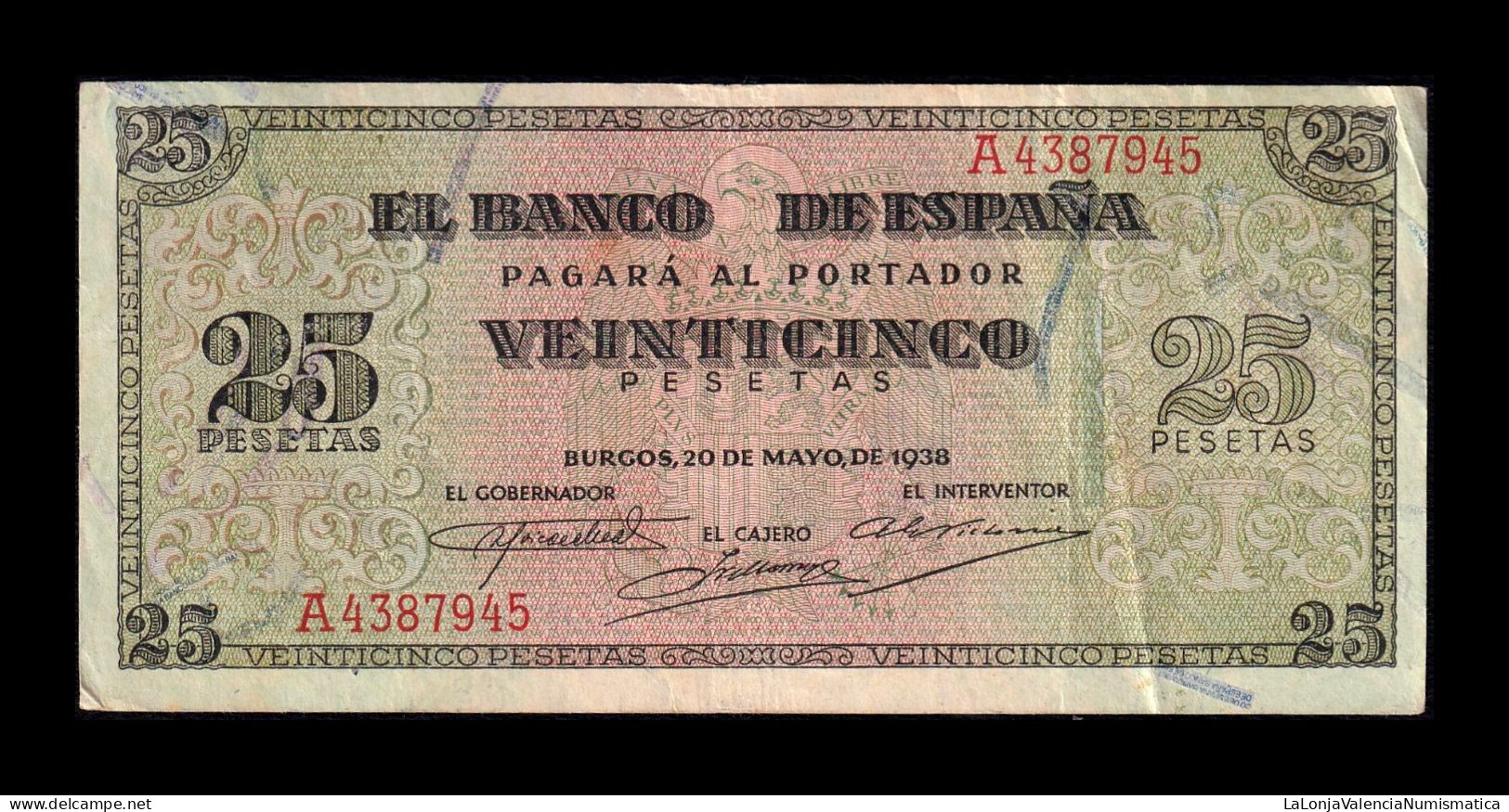 España Spain 25 Pesetas Burgos 1938 Pick 111 Serie A Mbc+/Ebc Vf+/Xf - 25 Peseten