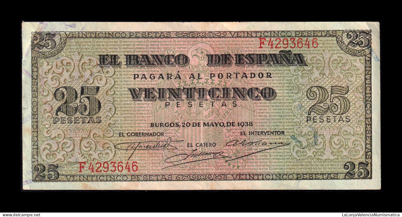 España Spain 25 Pesetas Burgos 1938 Pick 111 Serie F Mbc+/Ebc Vf+/Xf - 25 Pesetas