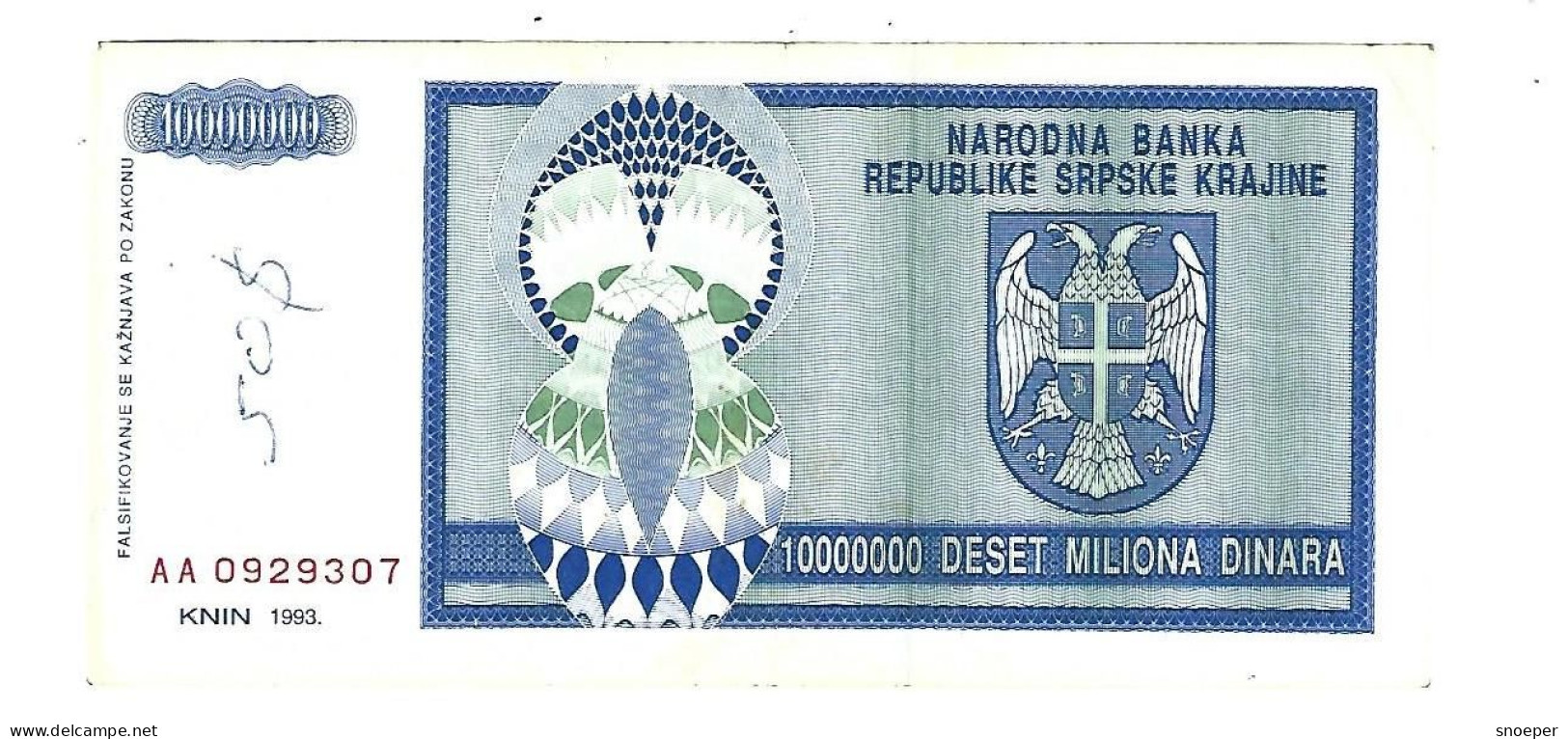 *croatia   Krajina 10.000.000 Dinara 1993     R12 - Croatie