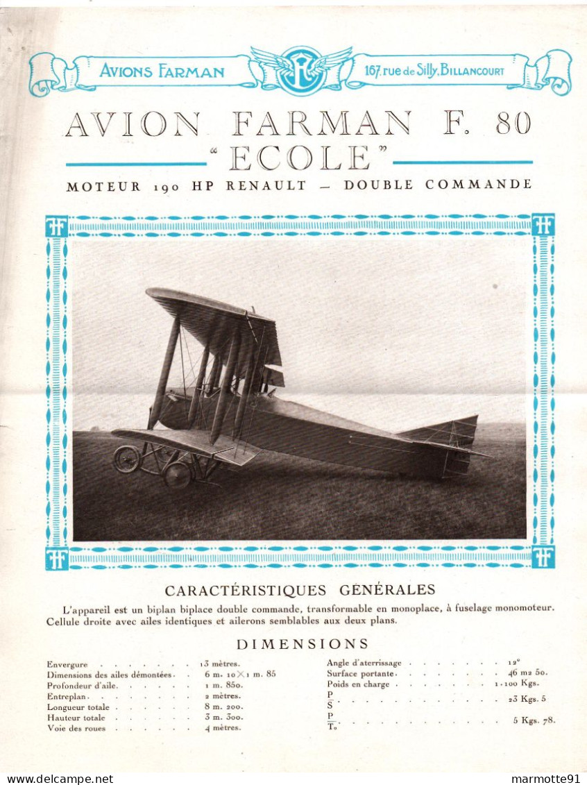 AVION FARMAN ECOLE F.80  MOTEUR 190 HP RENAULT AVIATION CIVILE BIPLAN BIPLACE - Flugzeuge