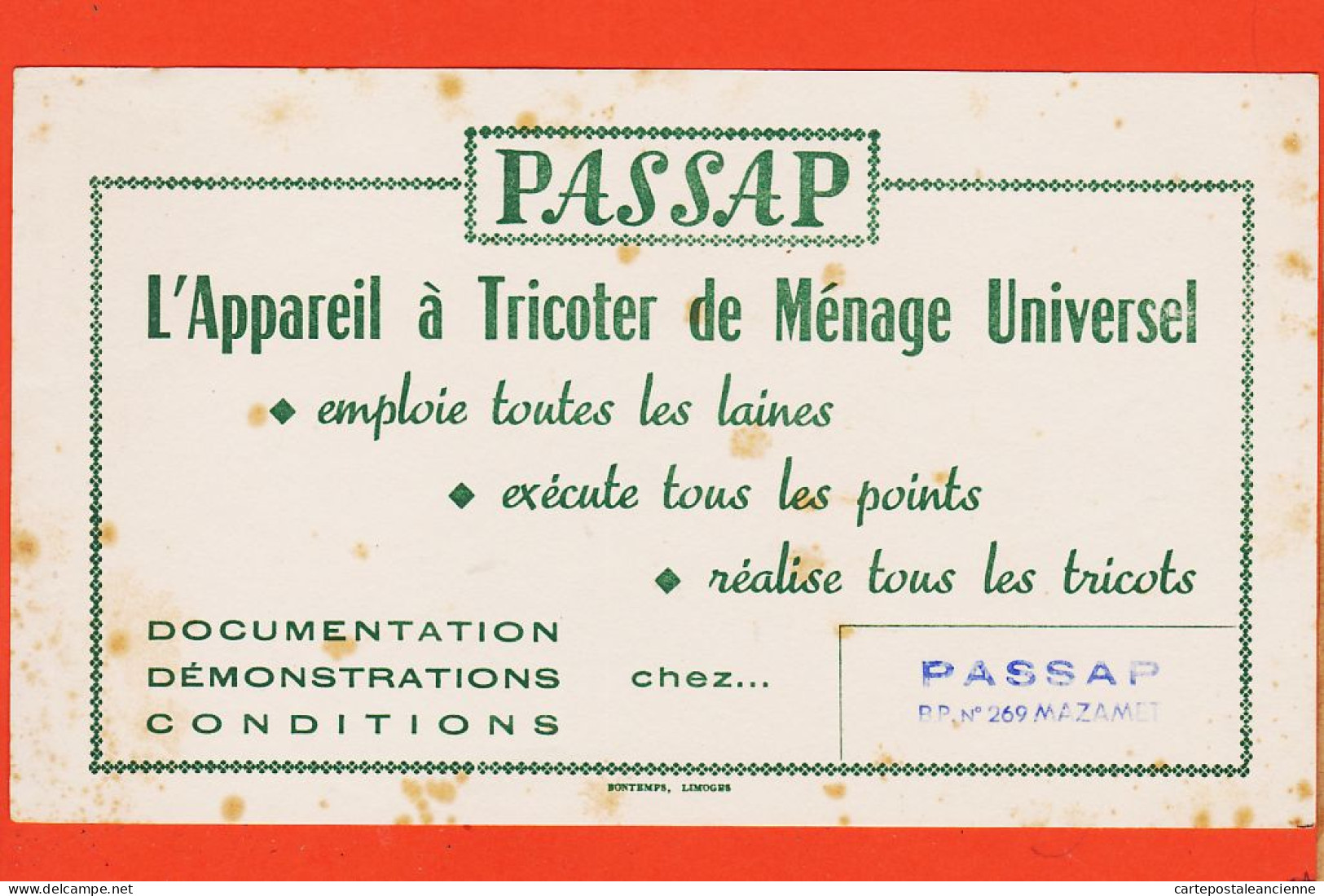 06189 / Rare PASSAP Tampon MAZAMET BP N° 269 Appareil à Tricoter De Ménage Universel Laines Tricots Buvard-Blotter - Textile & Clothing