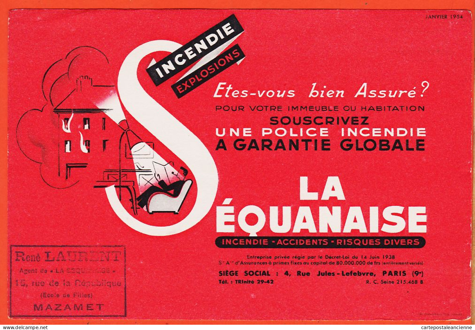 06161 / Janvier 1954 SEQUANAISE Capitalisation PARIS Rue Jules LEFEBVRE Tampon René LAURENT Agent Mazamet Buvard - Banque & Assurance