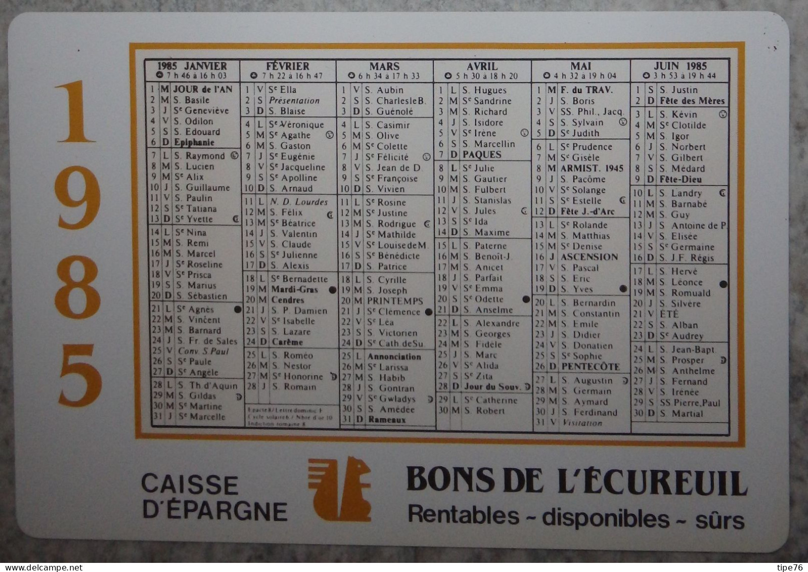 Petit Calendrier De  Poche Plastifié 1985 Caisse D'Epargne écureuil - Small : 1981-90