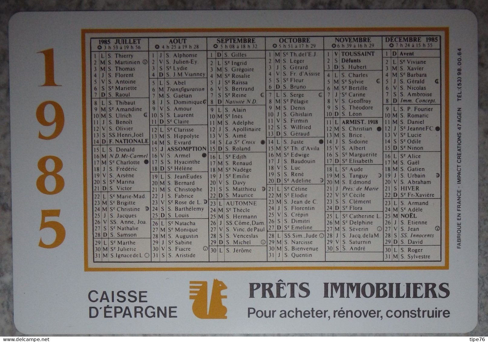 Petit Calendrier De  Poche Plastifié 1985 Caisse D'Epargne écureuil - Small : 1981-90