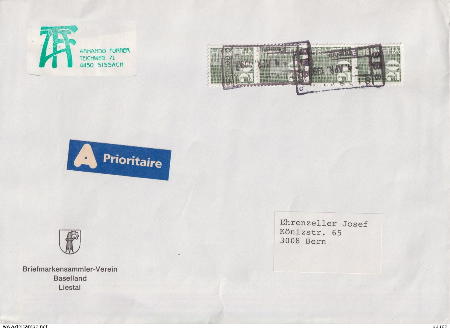 Motiv Brief  "Briefmarkensammler Verein Baselland, Liestal"  (Bahnstempel)       1993 - Briefe U. Dokumente