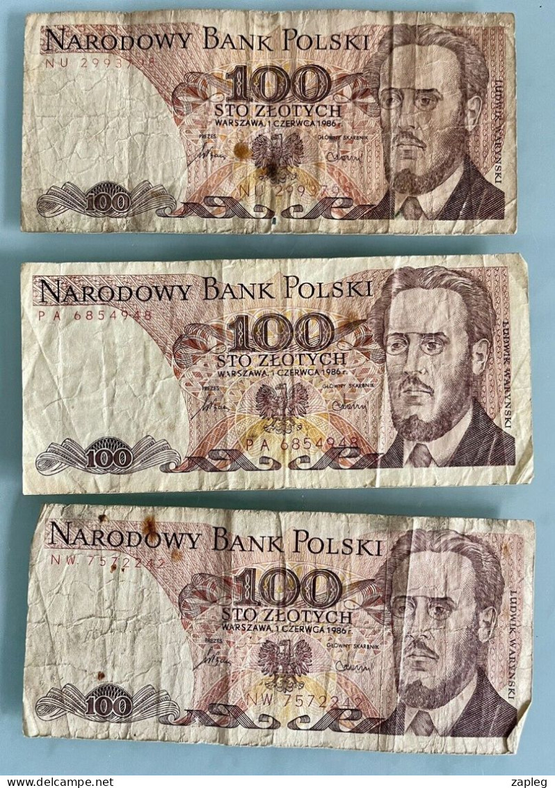 Lot De 3 Billets Pologne, 100 Zlotych 1986 - Poland