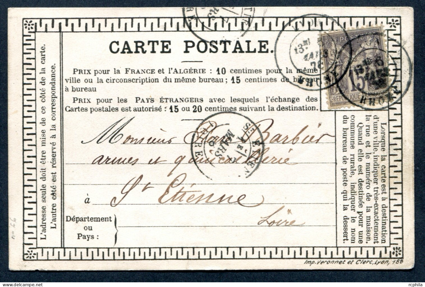 RC 27019 FRANCE 1878 CARTE PRECURSEUR PRIVÉE FONDERIE DE CUIVRE THEVENIN FRERE LYON RHONE POUR ST ETIENNE - Precursor Cards