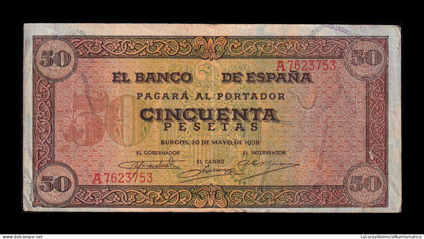 España Spain 50 Pesetas Burgos 1938 Pick 112 Serie A Mbc Vf - 50 Pesetas