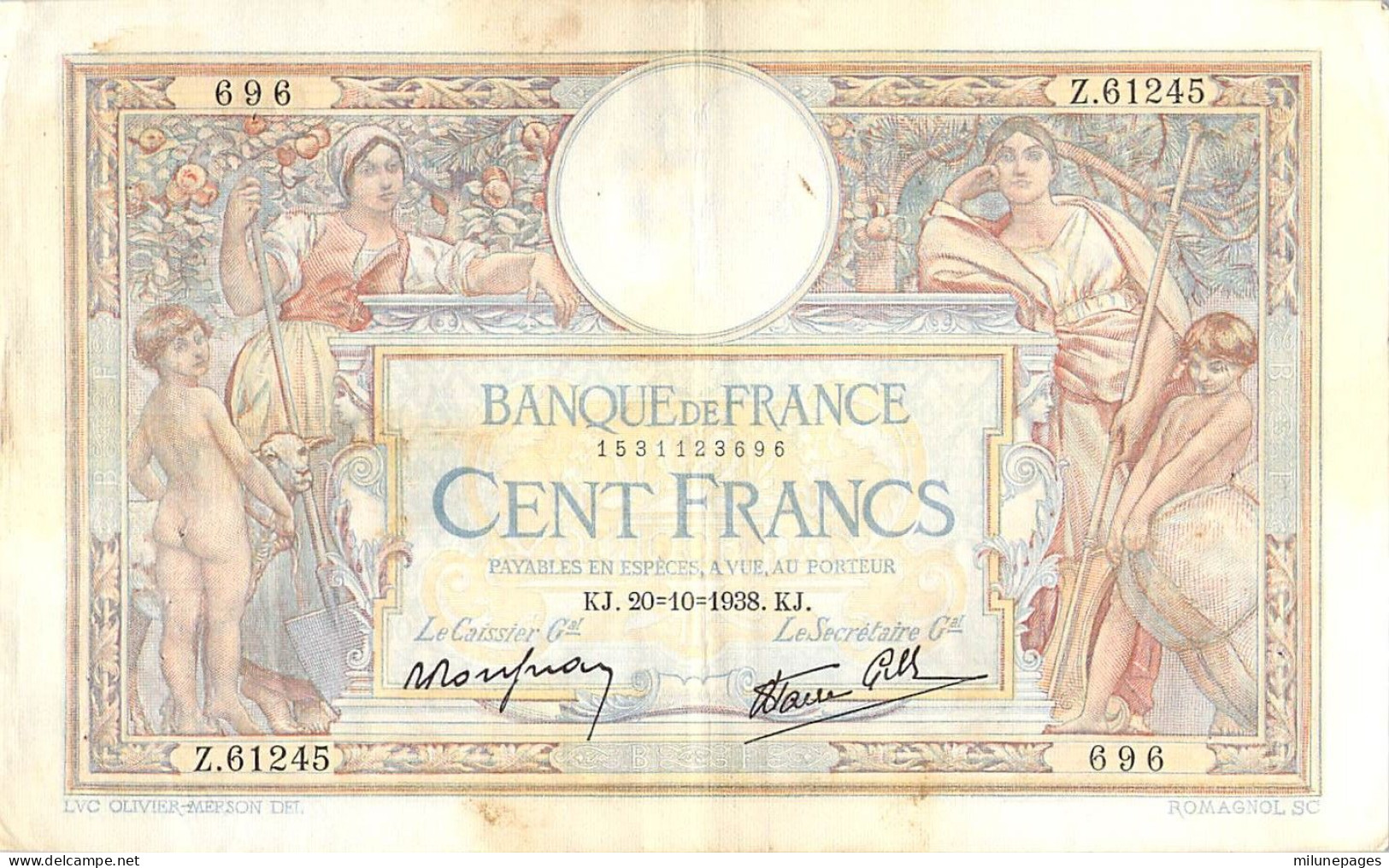 Billet France 100 Francs Merson Caissier Général 20=10=1938 KJ  Série Z.61245 Très Beau - 100 F 1908-1939 ''Luc Olivier Merson''