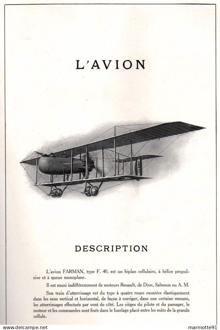 AVION FARMAN TYPE 40 BIPLAN NOTE SUR LA CONDUITE ET REGLAGE AVIATION - Avión