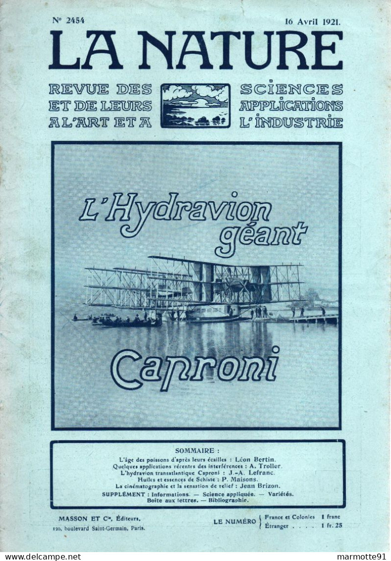 HYDRAVION GEANT CAPRONI  REVUE NATURE AVRIL 1921 AVIATION CIVILE - Vliegtuig