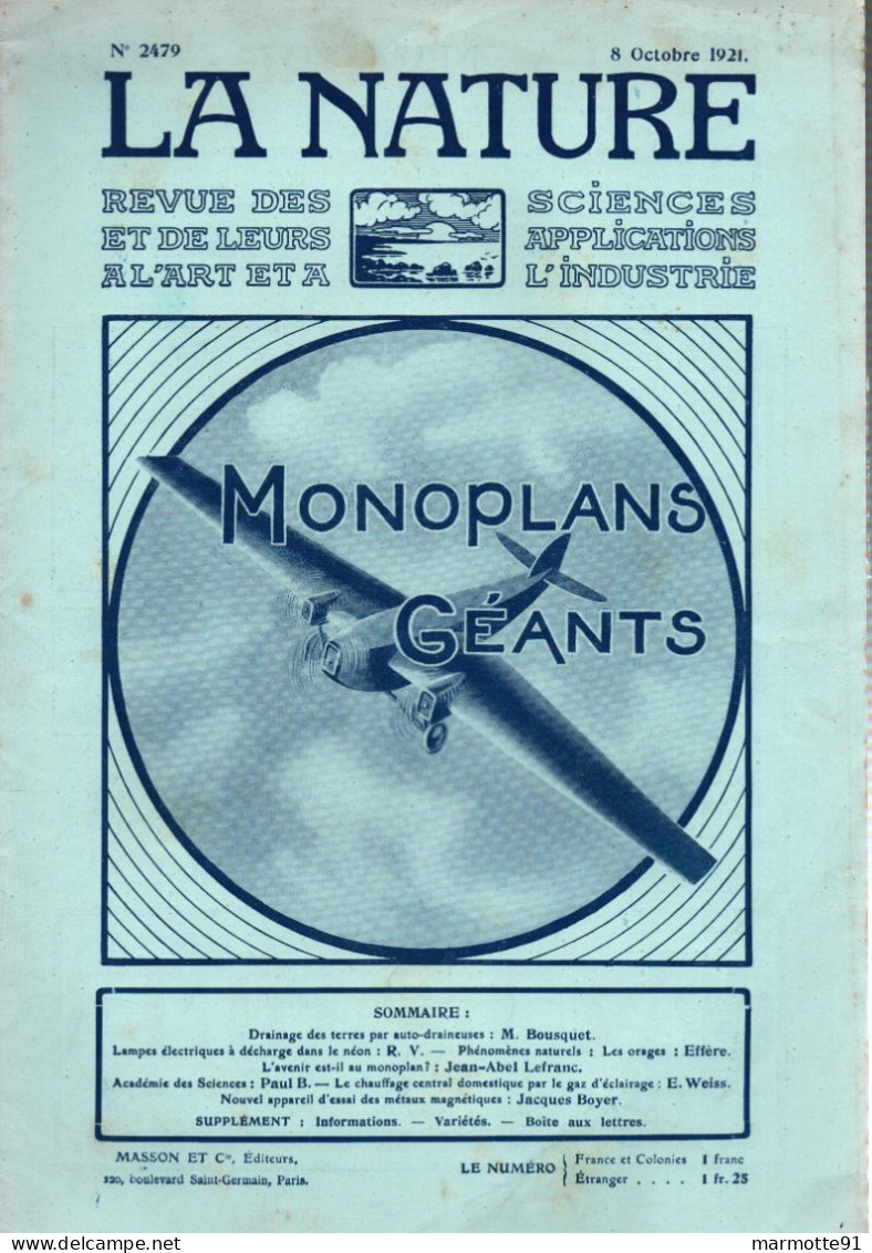 MONOPLANS GEANTS REVUE NATURE AVRIL 1921 AVIATION CIVILE - Vliegtuig