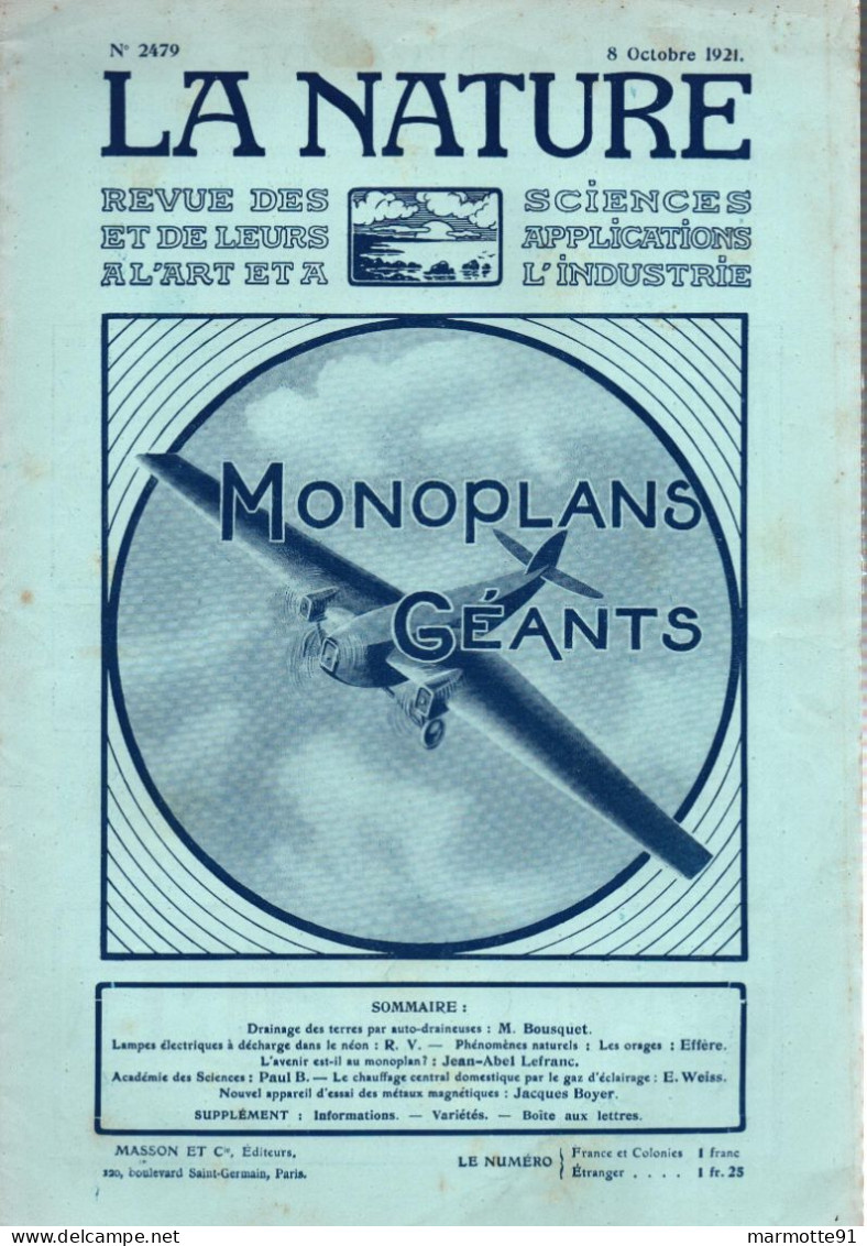 MONOPLANS GEANTS REVUE NATURE AVRIL 1921 AVIATION CIVILE - Avión