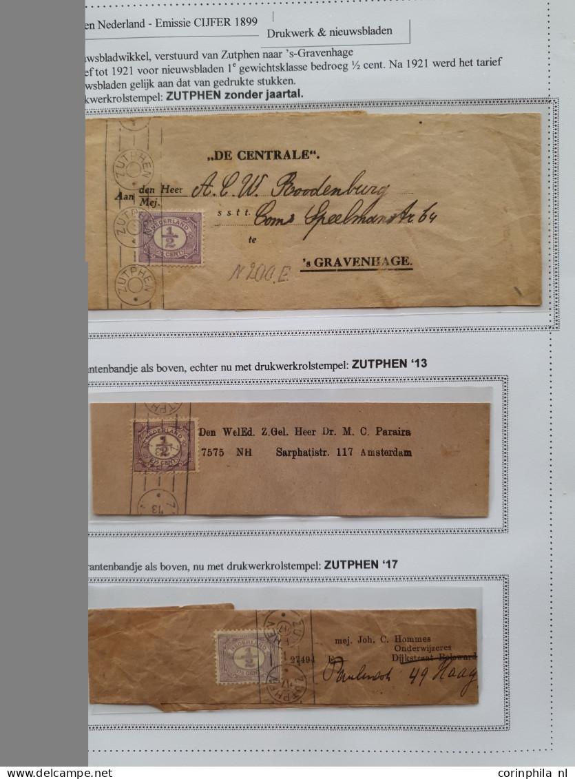 Cover 1872-1987, collectie van ruim 100 krantenbandjes w.b. betere ex. en drukwerkrolstempels, keurig opgezet in ringban