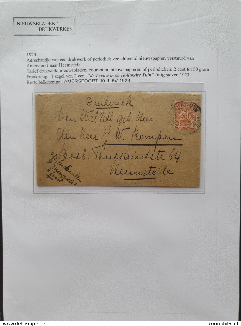 Cover 1872-1987, collectie van ruim 100 krantenbandjes w.b. betere ex. en drukwerkrolstempels, keurig opgezet in ringban