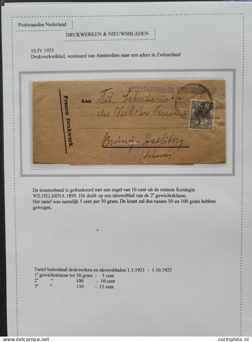 Cover 1872-1987, collectie van ruim 100 krantenbandjes w.b. betere ex. en drukwerkrolstempels, keurig opgezet in ringban