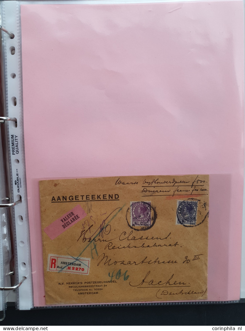 Cover 1924-1939, emissies Lebeau en Veth, ruim 1000 poststukken w.b. betere frankeringen, buitenlandse bestemmingen, exp