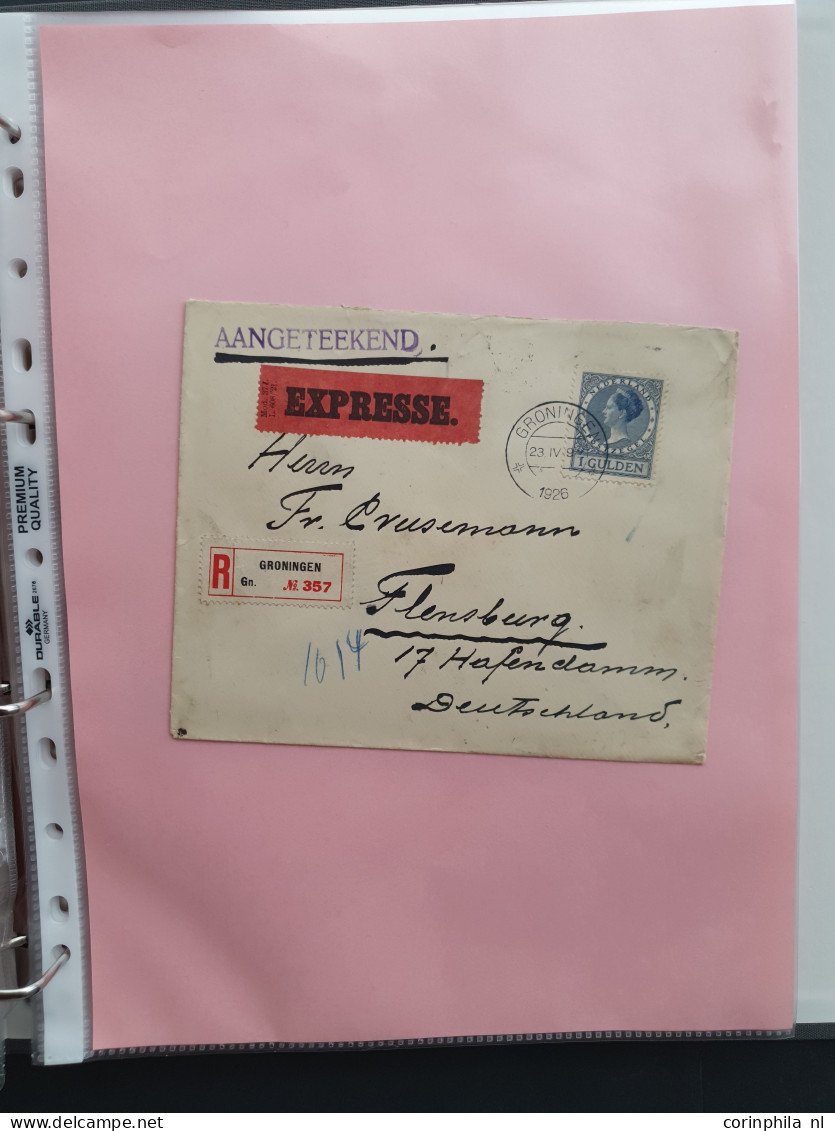 Cover 1924-1939, emissies Lebeau en Veth, ruim 1000 poststukken w.b. betere frankeringen, buitenlandse bestemmingen, exp