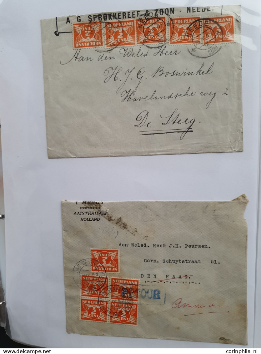 Cover 1924-1939, emissies Lebeau en Veth, ruim 1000 poststukken w.b. betere frankeringen, buitenlandse bestemmingen, exp