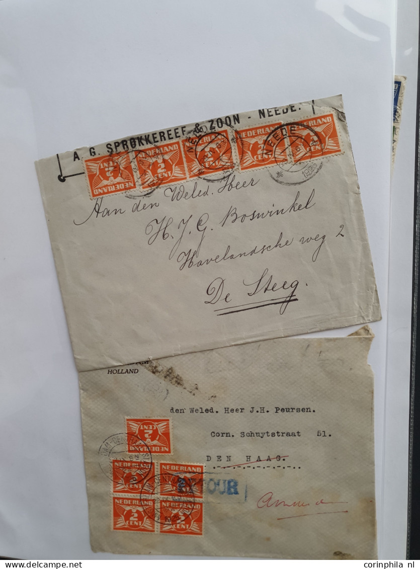 Cover 1924-1939, emissies Lebeau en Veth, ruim 1000 poststukken w.b. betere frankeringen, buitenlandse bestemmingen, exp