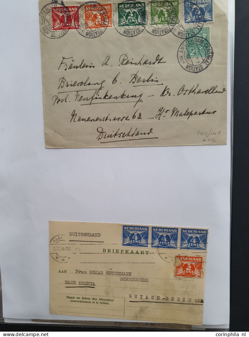 Cover 1924-1939, emissies Lebeau en Veth, ruim 1000 poststukken w.b. betere frankeringen, buitenlandse bestemmingen, exp