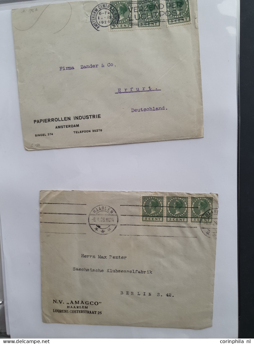 Cover 1924-1939, emissies Lebeau en Veth, ruim 1000 poststukken w.b. betere frankeringen, buitenlandse bestemmingen, exp