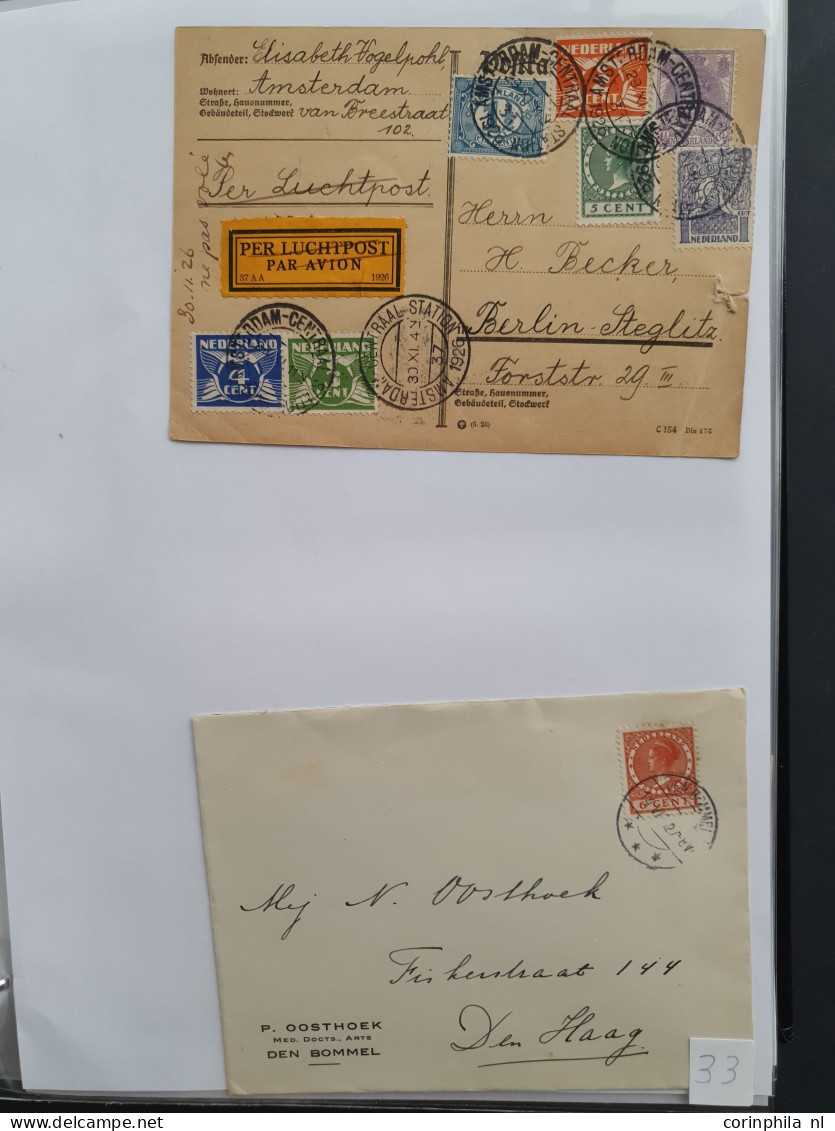 Cover 1924-1939, emissies Lebeau en Veth, ruim 1000 poststukken w.b. betere frankeringen, buitenlandse bestemmingen, exp