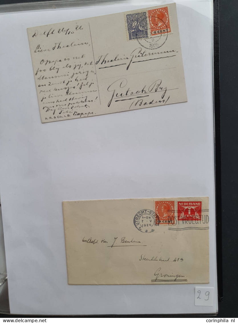 Cover 1924-1939, emissies Lebeau en Veth, ruim 1000 poststukken w.b. betere frankeringen, buitenlandse bestemmingen, exp