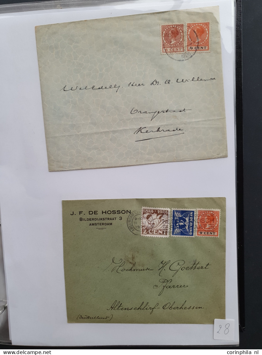 Cover 1924-1939, emissies Lebeau en Veth, ruim 1000 poststukken w.b. betere frankeringen, buitenlandse bestemmingen, exp