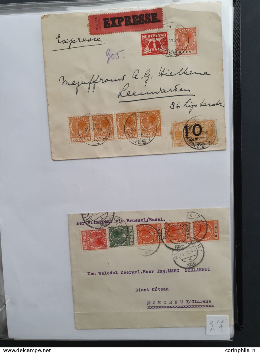 Cover 1924-1939, emissies Lebeau en Veth, ruim 1000 poststukken w.b. betere frankeringen, buitenlandse bestemmingen, exp