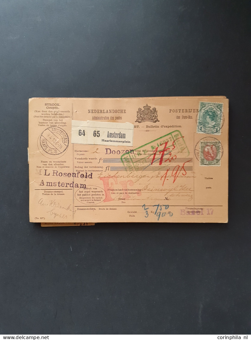 Cover 1890-1930 ca., ca. 55 pakketkaarten w.b. 1 ex. met enkelfrankring nr. 44, in deels gemengde kwaliteit in envelop