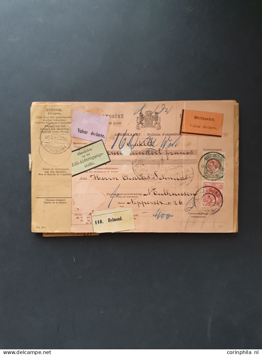 Cover 1890-1930 ca., ca. 55 pakketkaarten w.b. 1 ex. met enkelfrankring nr. 44, in deels gemengde kwaliteit in envelop