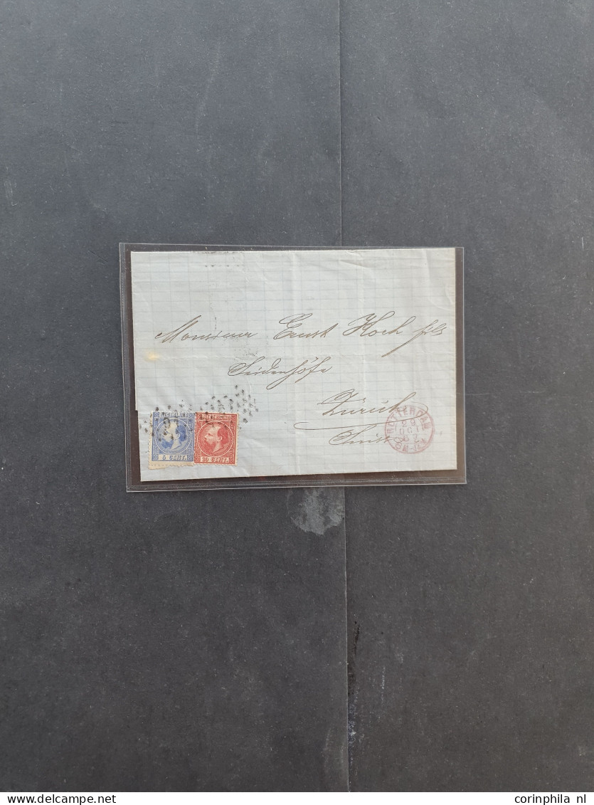Cover 1795-1873, 6 betere poststukken w.b. nr. 4 op onbestelbare envelop lokaal te Amsterdam 1867 (12x tevergeefs aangeb