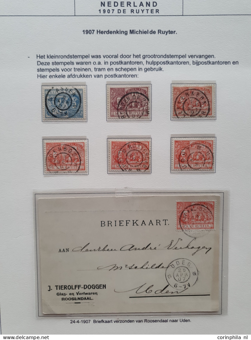 1907 gespecialiseerde collectie emissie de Ruyter w.b. grootrondstempels, plaatfouten en poststukken, mooi opgezet in kl