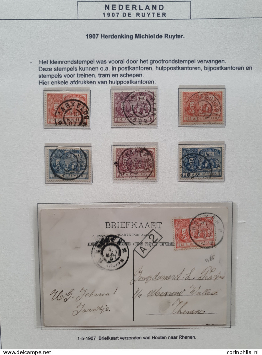 1907 gespecialiseerde collectie emissie de Ruyter w.b. grootrondstempels, plaatfouten en poststukken, mooi opgezet in kl