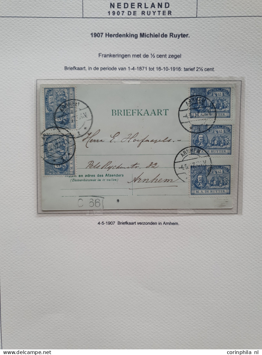 1907 gespecialiseerde collectie emissie de Ruyter w.b. grootrondstempels, plaatfouten en poststukken, mooi opgezet in kl