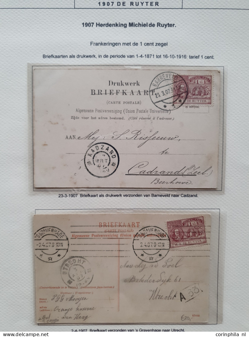 1907 gespecialiseerde collectie emissie de Ruyter w.b. grootrondstempels, plaatfouten en poststukken, mooi opgezet in kl